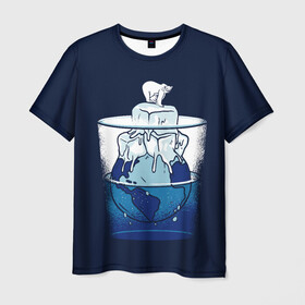 Мужская футболка 3D с принтом Polar Ice Bear в Петрозаводске, 100% полиэфир | прямой крой, круглый вырез горловины, длина до линии бедер | Тематика изображения на принте: north pole | planet | water | антарктида | антарктика | арктика | белый медведь | в стакане | вода | земля | кубики льда | лед | льдина | льдинка | медведица | медвежонок | на льдине | наполовину полон | планета