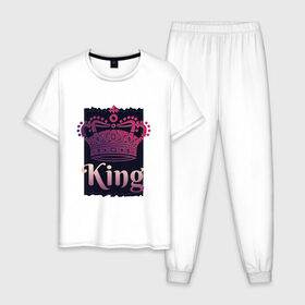 Мужская пижама хлопок с принтом King Король Корона в Петрозаводске, 100% хлопок | брюки и футболка прямого кроя, без карманов, на брюках мягкая резинка на поясе и по низу штанин
 | 23 февраля | chess | crown | duke | for man | gradient | king | man | pink | purple | russian | true king | tsar | всея руси | градиент | для мужчины | для парня | князь | настоящий король | парень | прикол | русский | русь | царевич | ца