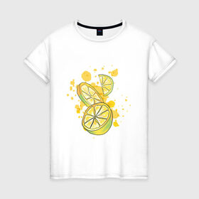 Женская футболка хлопок с принтом Лимон и Лайм в Петрозаводске, 100% хлопок | прямой крой, круглый вырез горловины, длина до линии бедер, слегка спущенное плечо | art | food | juice | juicy | lemon | lime | summer | watercolor | watercolour | акварель | акварельные фрукты | арт | брызги | витамин с | еда | желтый лимон | зеленый лайм | иллюстрация | лето | правильное питание | природа | рисунок