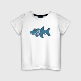 Детская футболка хлопок с принтом АКУЛЕНОК в Петрозаводске, 100% хлопок | круглый вырез горловины, полуприлегающий силуэт, длина до линии бедер | Тематика изображения на принте: fish | megalodon | shark | teeth | white shark | акула | белая акула | зубы | мегалодон | рыба