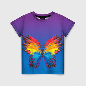 Детская футболка 3D с принтом красочная бабочка в Петрозаводске, 100% гипоаллергенный полиэфир | прямой крой, круглый вырез горловины, длина до линии бедер, чуть спущенное плечо, ткань немного тянется | абстрактное искусство | бабочка | беспозвоночные | брызги | градиент | краска | красочная | крылья | лето | мотыльки и бабочки | насекомое | радуга | ярко
