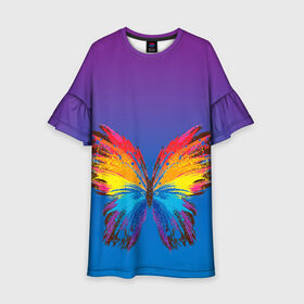 Детское платье 3D с принтом красочная бабочка в Петрозаводске, 100% полиэстер | прямой силуэт, чуть расширенный к низу. Круглая горловина, на рукавах — воланы | абстрактное искусство | бабочка | беспозвоночные | брызги | градиент | краска | красочная | крылья | лето | мотыльки и бабочки | насекомое | радуга | ярко
