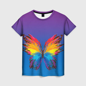 Женская футболка 3D с принтом красочная бабочка в Петрозаводске, 100% полиэфир ( синтетическое хлопкоподобное полотно) | прямой крой, круглый вырез горловины, длина до линии бедер | абстрактное искусство | бабочка | беспозвоночные | брызги | градиент | краска | красочная | крылья | лето | мотыльки и бабочки | насекомое | радуга | ярко
