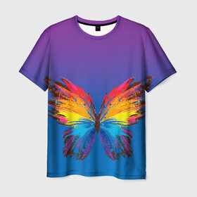 Мужская футболка 3D с принтом красочная бабочка в Петрозаводске, 100% полиэфир | прямой крой, круглый вырез горловины, длина до линии бедер | абстрактное искусство | бабочка | беспозвоночные | брызги | градиент | краска | красочная | крылья | лето | мотыльки и бабочки | насекомое | радуга | ярко