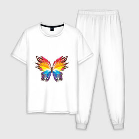Мужская пижама хлопок с принтом бабочка краской в Петрозаводске, 100% хлопок | брюки и футболка прямого кроя, без карманов, на брюках мягкая резинка на поясе и по низу штанин
 | бабочка | беспозвоночные | брызги | градиент | краска | красочная | крылья | лето | мотыльки и бабочки | насекомое | насекомые | радуга | ярко