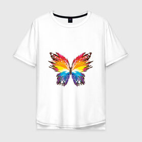 Мужская футболка хлопок Oversize с принтом бабочка краской в Петрозаводске, 100% хлопок | свободный крой, круглый ворот, “спинка” длиннее передней части | бабочка | беспозвоночные | брызги | градиент | краска | красочная | крылья | лето | мотыльки и бабочки | насекомое | насекомые | радуга | ярко