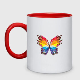 Кружка двухцветная с принтом бабочка краской в Петрозаводске, керамика | объем — 330 мл, диаметр — 80 мм. Цветная ручка и кайма сверху, в некоторых цветах — вся внутренняя часть | бабочка | беспозвоночные | брызги | градиент | краска | красочная | крылья | лето | мотыльки и бабочки | насекомое | насекомые | радуга | ярко