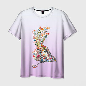 Мужская футболка 3D с принтом акварельная птичка в Петрозаводске, 100% полиэфир | прямой крой, круглый вырез горловины, длина до линии бедер | Тематика изображения на принте: акварель | весна | краска | птица | птичка | рисунок | цветочки | цветы