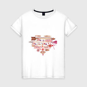 Женская футболка хлопок с принтом сердечко индейцы в Петрозаводске, 100% хлопок | прямой крой, круглый вырез горловины, длина до линии бедер, слегка спущенное плечо | акварель | индейцы | краска | рисунок | сердечко | узор