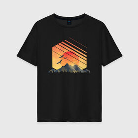 Женская футболка хлопок Oversize с принтом Mountain Galaxy Sunset в Петрозаводске, 100% хлопок | свободный крой, круглый ворот, спущенный рукав, длина до линии бедер
 | Тематика изображения на принте: abstract | art | geometric | geometry | landscape | minimalism | sky | space | sun | абстракция | арт | векторный рисунок | восход | галактика | геометрия | гора | горный пейзаж | горы | закат | картина | космос | минимализм | небо