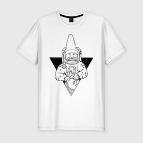 Мужская футболка хлопок Slim с принтом Gnome Chompski Astronaut в Петрозаводске, 92% хлопок, 8% лайкра | приталенный силуэт, круглый вырез ворота, длина до линии бедра, короткий рукав | garden gnome | gnome alone | little rocket man | гном чомски | маленький космонавт | один гнома | садовый гном