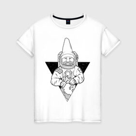 Женская футболка хлопок с принтом Gnome Chompski Astronaut в Петрозаводске, 100% хлопок | прямой крой, круглый вырез горловины, длина до линии бедер, слегка спущенное плечо | garden gnome | gnome alone | little rocket man | гном чомски | маленький космонавт | один гнома | садовый гном
