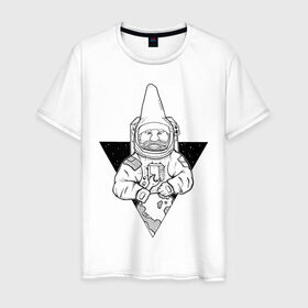 Мужская футболка хлопок с принтом Gnome Chompski Astronaut в Петрозаводске, 100% хлопок | прямой крой, круглый вырез горловины, длина до линии бедер, слегка спущенное плечо. | garden gnome | gnome alone | little rocket man | гном чомски | маленький космонавт | один гнома | садовый гном
