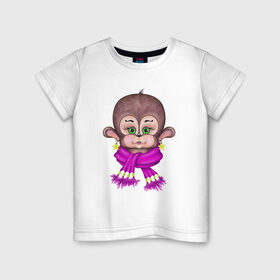 Детская футболка хлопок с принтом Обезьянка модница в Петрозаводске, 100% хлопок | круглый вырез горловины, полуприлегающий силуэт, длина до линии бедер | мультяшный стиль | обезьяна | обезьянка | принты для девочек | рисунок обезьяны | смешная обезьянка