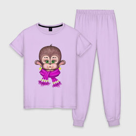 Женская пижама хлопок с принтом Обезьянка модница в Петрозаводске, 100% хлопок | брюки и футболка прямого кроя, без карманов, на брюках мягкая резинка на поясе и по низу штанин | мультяшный стиль | обезьяна | обезьянка | принты для девочек | рисунок обезьяны | смешная обезьянка