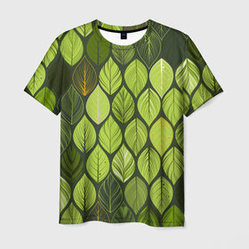 Мужская футболка 3D с принтом ЛЕСНАЯ БРОНЯ в Петрозаводске, 100% полиэфир | прямой крой, круглый вырез горловины, длина до линии бедер | желет | лес | лесная броня | листочки | листья | паттерн | текстура