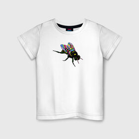 Детская футболка хлопок с принтом Радужная Муха в Петрозаводске, 100% хлопок | круглый вырез горловины, полуприлегающий силуэт, длина до линии бедер | животные | крылья | мульт | муха | насекомые | паттерн | полосатый | радуга | текстура | узор | цветы