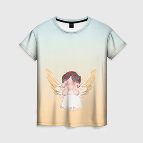 Женская футболка 3D с принтом акварельный ангелок в Петрозаводске, 100% полиэфир ( синтетическое хлопкоподобное полотно) | прямой крой, круглый вырез горловины, длина до линии бедер | акварель | ангел | ангелок | ангелочек | крылья | купидон | милашка | персонаж | рисунок | чиби