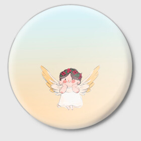 Значок с принтом акварельный ангелок в Петрозаводске,  металл | круглая форма, металлическая застежка в виде булавки | акварель | ангел | ангелок | ангелочек | крылья | купидон | милашка | персонаж | рисунок | чиби