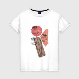 Женская футболка хлопок с принтом Маки в Петрозаводске, 100% хлопок | прямой крой, круглый вырез горловины, длина до линии бедер, слегка спущенное плечо | акварель | коричневый | красный | маки | растения | сухоцветы | цветы