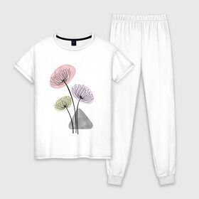 Женская пижама хлопок с принтом Одуванчики в Петрозаводске, 100% хлопок | брюки и футболка прямого кроя, без карманов, на брюках мягкая резинка на поясе и по низу штанин | зонтики | лето | растения | серый. одуванчик | сиреневый | сухоцветы | цветы