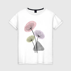 Женская футболка хлопок с принтом Одуванчики в Петрозаводске, 100% хлопок | прямой крой, круглый вырез горловины, длина до линии бедер, слегка спущенное плечо | зонтики | лето | растения | серый. одуванчик | сиреневый | сухоцветы | цветы