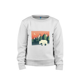 Детский свитшот хлопок с принтом Белый медведь пейзаж с горами в Петрозаводске, 100% хлопок | круглый вырез горловины, эластичные манжеты, пояс и воротник | landscape | moon | mountain | mountains | north pole | polar | polar bear | russian bear | антарктида | антарктика | арктика | горы | дикая природа | лес | луна | медвежонок | мишка | полярный медведь | природа | русский медведь