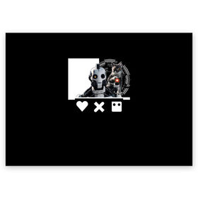 Поздравительная открытка с принтом Андроид XBOT 4000 в Петрозаводске, 100% бумага | плотность бумаги 280 г/м2, матовая, на обратной стороне линовка и место для марки
 | андроид | белочерный | белый | знак | кот | котик | кошка | любовь | механизм | робот | роботы | черный