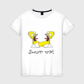 Женская футболка хлопок с принтом Shut up! в Петрозаводске, 100% хлопок | прямой крой, круглый вырез горловины, длина до линии бедер, слегка спущенное плечо | shut up | simpsons | гомер | симпсоны | удушение