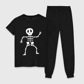Женская пижама хлопок с принтом Мультяшный скелет в Петрозаводске, 100% хлопок | брюки и футболка прямого кроя, без карманов, на брюках мягкая резинка на поясе и по низу штанин | bone | cartoon | dead | design | fun | funny | halloween | human | illustration | skeleton | vector | вечеринка | жутко.skull | кости | кость | персонаж | скелет | скелеты | страшно | тело | хэллоуин иллюстрация | человек мертвый | череп