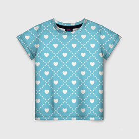 Детская футболка 3D с принтом Белые сердечки на голубом фоне в Петрозаводске, 100% гипоаллергенный полиэфир | прямой крой, круглый вырез горловины, длина до линии бедер, чуть спущенное плечо, ткань немного тянется | белый | квадраты | многоугольники. точки | ромбы | сердце | узор | фон