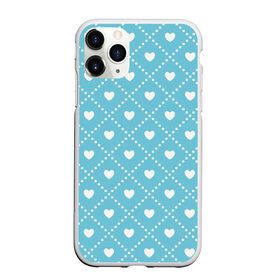 Чехол для iPhone 11 Pro матовый с принтом Белые сердечки на голубом фоне в Петрозаводске, Силикон |  | белый | квадраты | многоугольники. точки | ромбы | сердце | узор | фон