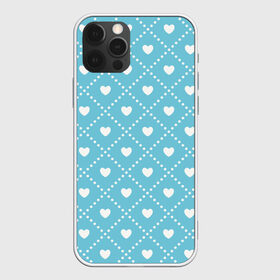 Чехол для iPhone 12 Pro Max с принтом Белые сердечки на голубом фоне в Петрозаводске, Силикон |  | белый | квадраты | многоугольники. точки | ромбы | сердце | узор | фон