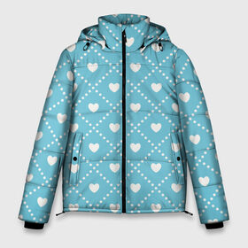 Мужская зимняя куртка 3D с принтом Белые сердечки на голубом фоне в Петрозаводске, верх — 100% полиэстер; подкладка — 100% полиэстер; утеплитель — 100% полиэстер | длина ниже бедра, свободный силуэт Оверсайз. Есть воротник-стойка, отстегивающийся капюшон и ветрозащитная планка. 

Боковые карманы с листочкой на кнопках и внутренний карман на молнии. | белый | квадраты | многоугольники. точки | ромбы | сердце | узор | фон