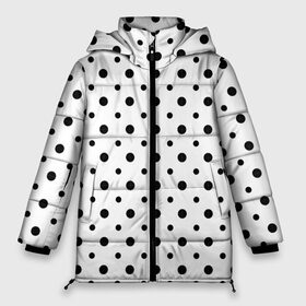 Женская зимняя куртка Oversize с принтом Точки черные на белом в Петрозаводске, верх — 100% полиэстер; подкладка — 100% полиэстер; утеплитель — 100% полиэстер | длина ниже бедра, силуэт Оверсайз. Есть воротник-стойка, отстегивающийся капюшон и ветрозащитная планка. 

Боковые карманы с листочкой на кнопках и внутренний карман на молнии | abstract | background | black | geometric | pattern | spot | texture | various | wrapping | горошек | крапинки | пятнаround | разные  узор | точки | черные