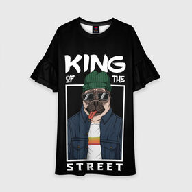Детское платье 3D с принтом King Street в Петрозаводске, 100% полиэстер | прямой силуэт, чуть расширенный к низу. Круглая горловина, на рукавах — воланы | animal | art | brutal | dog | illustration | king | of | pug | street | the | арт | брутальный | бульдог | в | животное | зверь | король | надпись | одежде | очках | пёс | рамка | собака | текст | улиц | улицы | уличный | шапке