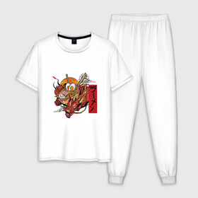Мужская пижама хлопок с принтом Красный Дракон Рамен в Петрозаводске, 100% хлопок | брюки и футболка прямого кроя, без карманов, на брюках мягкая резинка на поясе и по низу штанин
 | Тематика изображения на принте: anime | art | bowl | japan | kanji | manga | ramen | red dragon | soup | аниме про еду | аниме про рамен | анимешник | арт | боул | иероглифы | йероглифы | кандзи | кафе из другого мира | китайский дракон | лапша | манга | миска