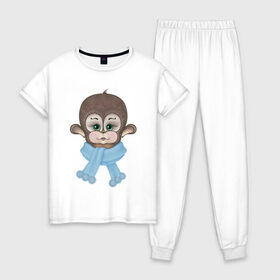 Женская пижама хлопок с принтом обезьянка малышка в Петрозаводске, 100% хлопок | брюки и футболка прямого кроя, без карманов, на брюках мягкая резинка на поясе и по низу штанин | обезьяна | обезьянка | обезьяны | рисунок обезьяны | смешная обезьяна
