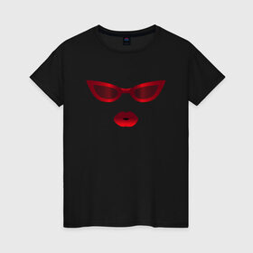 Женская футболка хлопок с принтом Красные очки с красными губами в Петрозаводске, 100% хлопок | прямой крой, круглый вырез горловины, длина до линии бедер, слегка спущенное плечо | for stylish | gradient | kiss | lipstick | plump lips | red lips | градиент | для стильных | красные губы | красные очки | модные очки | помада | поцелуй | пухлые губы