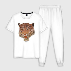 Мужская пижама хлопок с принтом Голова тигра в Петрозаводске, 100% хлопок | брюки и футболка прямого кроя, без карманов, на брюках мягкая резинка на поясе и по низу штанин
 | голова тигра | животное | клыки | крупные кошки | пасть | тигр | хищник