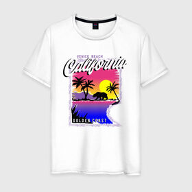 Мужская футболка хлопок с принтом California в Петрозаводске, 100% хлопок | прямой крой, круглый вырез горловины, длина до линии бедер, слегка спущенное плечо. | california | coast | загар | закат | калифорния | медведь | море | отдых | пляж