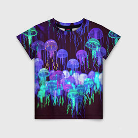 Детская футболка 3D с принтом Неоновые медузы в Петрозаводске, 100% гипоаллергенный полиэфир | прямой крой, круглый вырез горловины, длина до линии бедер, чуть спущенное плечо, ткань немного тянется | Тематика изображения на принте: вода | животные | медузы | неон | неоновые