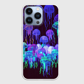 Чехол для iPhone 13 Pro с принтом Неоновые медузы в Петрозаводске,  |  | Тематика изображения на принте: вода | животные | медузы | неон | неоновые