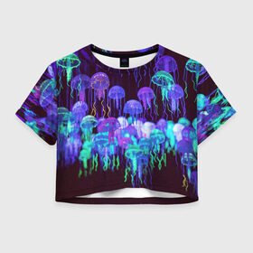 Женская футболка Crop-top 3D с принтом Неоновые медузы в Петрозаводске, 100% полиэстер | круглая горловина, длина футболки до линии талии, рукава с отворотами | Тематика изображения на принте: вода | животные | медузы | неон | неоновые