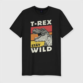 Мужская футболка хлопок Slim с принтом T-rex wild в Петрозаводске, 92% хлопок, 8% лайкра | приталенный силуэт, круглый вырез ворота, длина до линии бедра, короткий рукав | dino | t rex | wild | дино | динозавр | закат | зверь | хищник