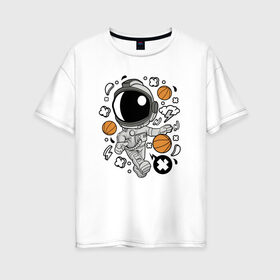 Женская футболка хлопок Oversize с принтом Космонавт Баскетболист в Петрозаводске, 100% хлопок | свободный крой, круглый ворот, спущенный рукав, длина до линии бедер
 | астронавт | баскетбол | гром | икс | космонавт | молния | мяч | облако | скафандр
