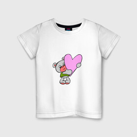 Детская футболка хлопок с принтом Плюшевый Мишка с сердцем  в Петрозаводске, 100% хлопок | круглый вырез горловины, полуприлегающий силуэт, длина до линии бедер | животные | звери | игрушки | картинки | милые | мишка | плюшевый | популярные | прикольные | сердце