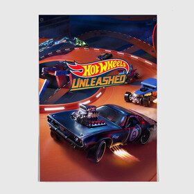 Постер с принтом Hot Wheels Unleashed в Петрозаводске, 100% бумага
 | бумага, плотность 150 мг. Матовая, но за счет высокого коэффициента гладкости имеет небольшой блеск и дает на свету блики, но в отличии от глянцевой бумаги не покрыта лаком | auto | avto | car | game | hot | hotweels | race | weels | wheels | авто | автоспорт | гонки | игра | игрушка | машина | модель | хот вилс