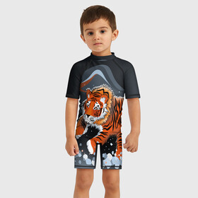 Детский купальный костюм 3D с принтом АМУРСКИЙ ТИГР в Петрозаводске, Полиэстер 85%, Спандекс 15% | застежка на молнии на спине | амурский тигр | с животными | с тигром | сибирский | тайга