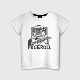 Детская футболка хлопок с принтом Pug & Roll в Петрозаводске, 100% хлопок | круглый вырез горловины, полуприлегающий силуэт, длина до линии бедер | dog | drawing | guitar | music | pop art | pug | rock and roll | гитара | мопс | музыка | очки | пес | поп арт | рисунок | рок н ролл | собака